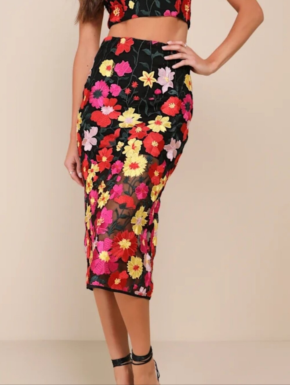 Lulus NEW Cutest Design Black Multi 3D Floral Applique Mesh Midi Skirt SZ Large